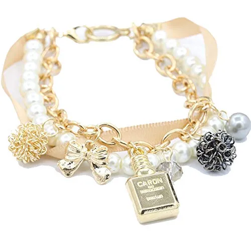 Yellow Chimes Bracelets Yellow Chimes Exclusive Stylish Bowknot Multilayer Pearl Gold Plated Charm Bracelet for Women and Girls