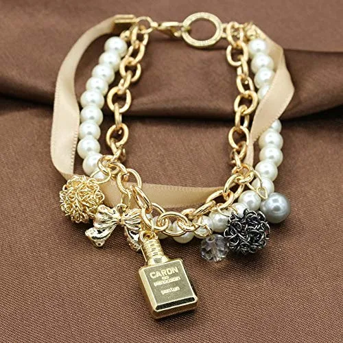 Yellow Chimes Bracelets Yellow Chimes Exclusive Stylish Bowknot Multilayer Pearl Gold Plated Charm Bracelet for Women and Girls