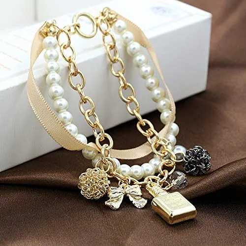 Yellow Chimes Bracelets Yellow Chimes Exclusive Stylish Bowknot Multilayer Pearl Gold Plated Charm Bracelet for Women and Girls