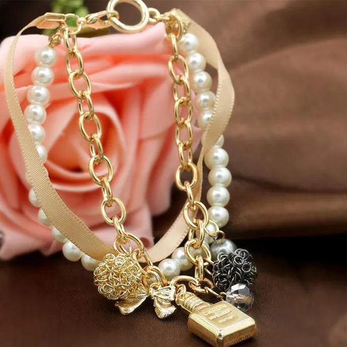 Yellow Chimes Bracelets Yellow Chimes Exclusive Stylish Bowknot Multilayer Pearl Gold Plated Charm Bracelet for Women and Girls