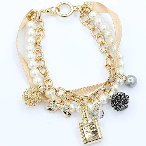 Yellow Chimes Bracelets Yellow Chimes Exclusive Stylish Bowknot Multilayer Pearl Gold Plated Charm Bracelet for Women and Girls
