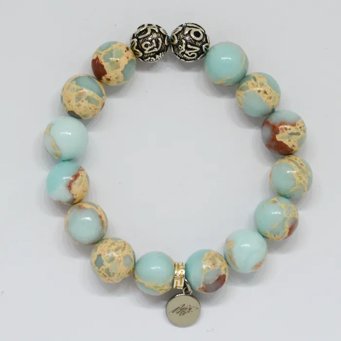 Bracelets MF Snake Jasper Stone Silver Bead Bracelet 12 MM