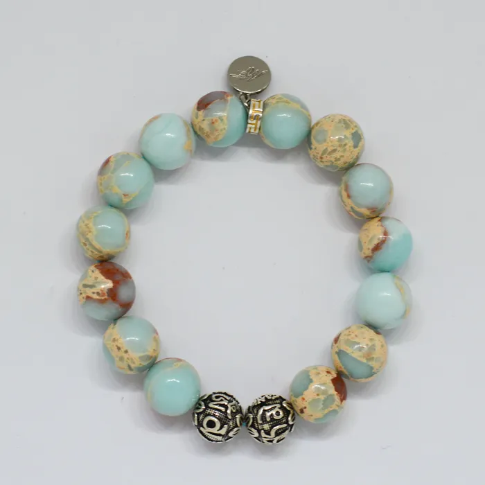 Bracelets MF Snake Jasper Stone Silver Bead Bracelet 12 MM