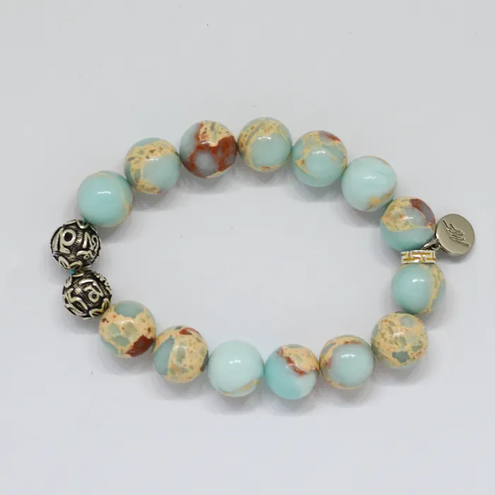 Bracelets MF Snake Jasper Stone Silver Bead Bracelet 12 MM