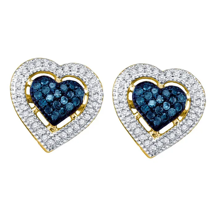 mayamila Earrings 10kt Yellow Gold Womens Round Blue Color Enhanced Diamond Heart Love Screwback Earrings 38 Cttw