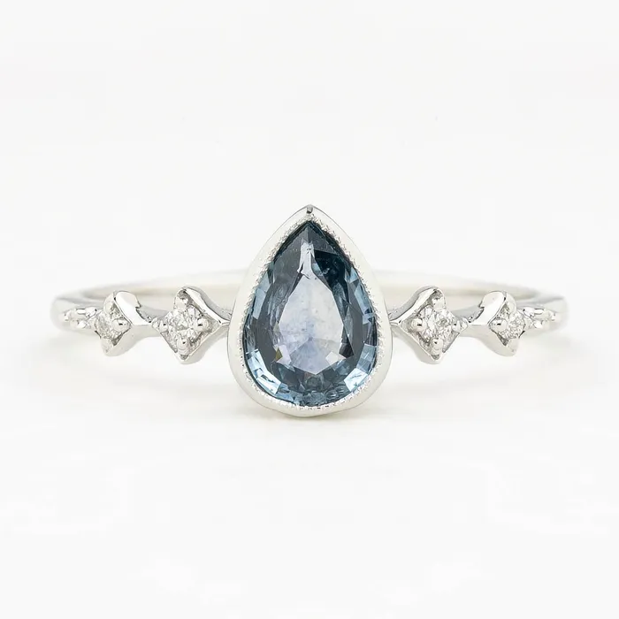 Rings Envero Jewelry Celeste Ring 062ct Light Blue Green Montana Pear Sapphire 14k White Gold One of a kind