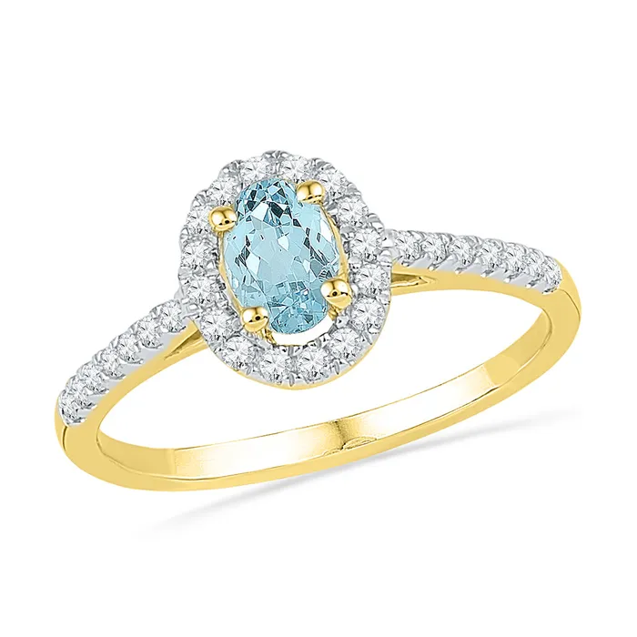 Rings mayamila 10kt Yellow Gold Womens Oval LabCreated Aquamarine Solitaire Diamond Ring 15 Cttw
