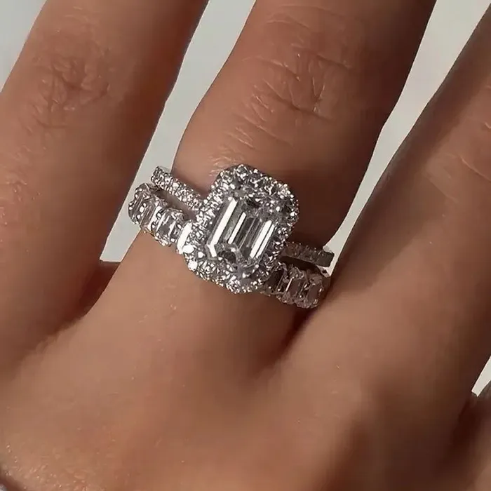 Shineofdiamond Rings Gorgeous Halo Emerald Cut Sterling Silver Bridal Set