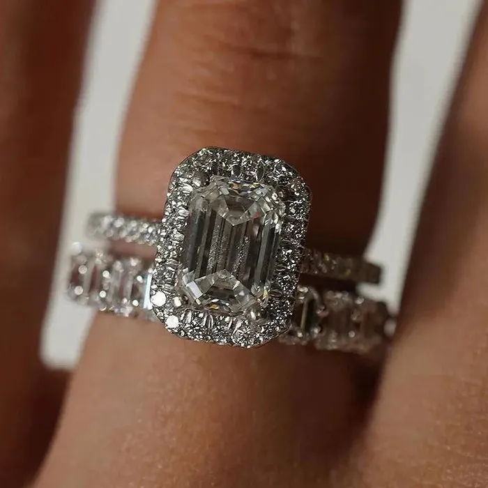 Shineofdiamond Rings Gorgeous Halo Emerald Cut Sterling Silver Bridal Set