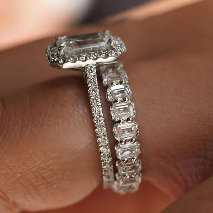 Shineofdiamond Rings Gorgeous Halo Emerald Cut Sterling Silver Bridal Set