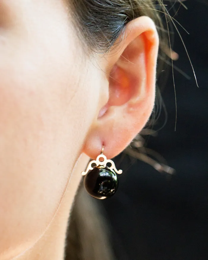 Bell Bird Antiques Earrings Victorian Era Onyx and Rose Gold Earrings
