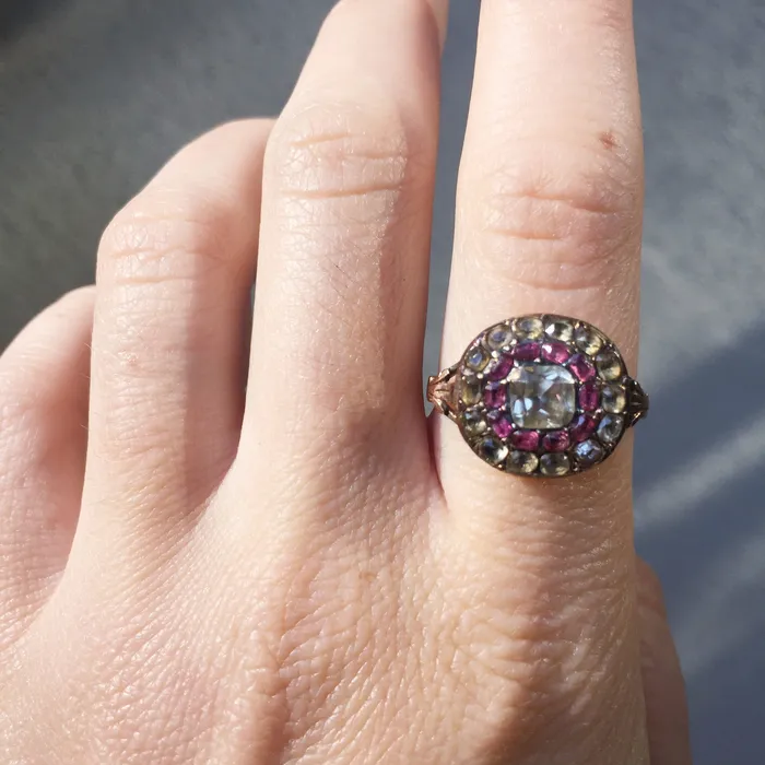 Bell Bird Antiques Rings Georgian Chrysoberyl and Ruby Cluster Ring
