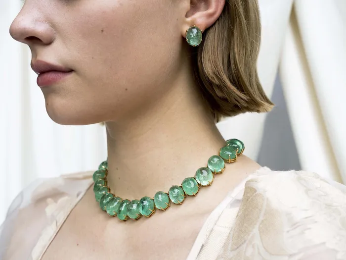Necklaces Bell Bird Antiques Retro French Emerald Cabochon Necklace