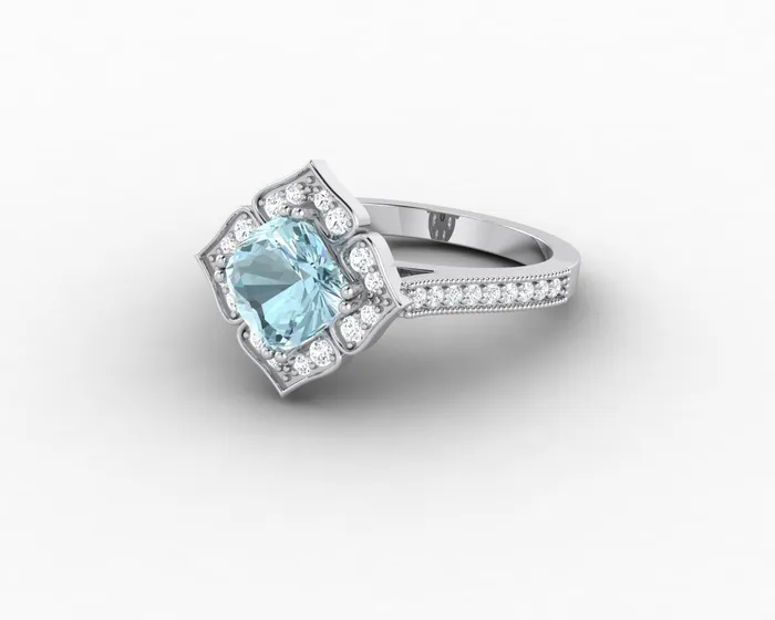 Sapheena Jewelry Luisa 15 Ct Cushion Cut Halo Natural Aquamarine Engagement Ring with Side Stones Rings