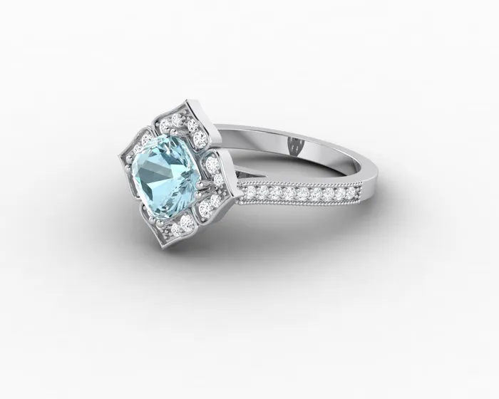 Sapheena Jewelry Luisa 15 Ct Cushion Cut Halo Natural Aquamarine Engagement Ring with Side Stones Rings