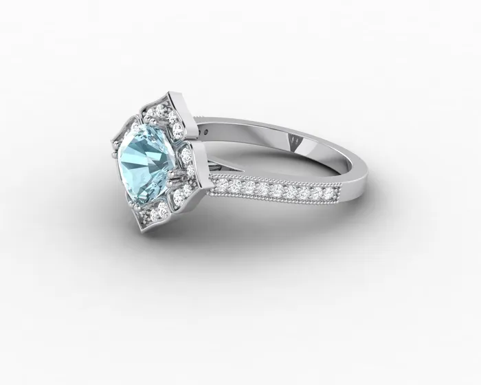 Sapheena Jewelry Luisa 15 Ct Cushion Cut Halo Natural Aquamarine Engagement Ring with Side Stones Rings