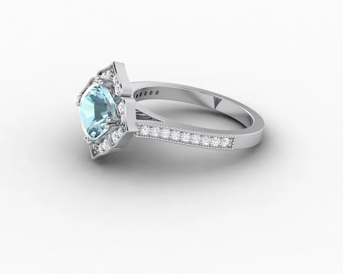 Sapheena Jewelry Luisa 15 Ct Cushion Cut Halo Natural Aquamarine Engagement Ring with Side Stones Rings