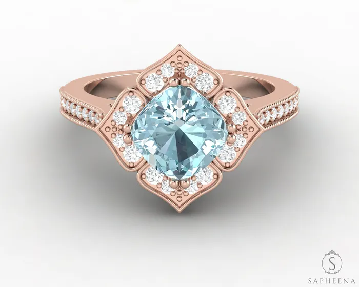 Sapheena Jewelry Luisa 15 Ct Cushion Cut Halo Natural Aquamarine Engagement Ring with Side Stones Rings