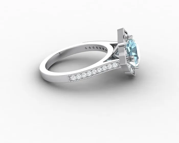 Sapheena Jewelry Luisa 15 Ct Cushion Cut Halo Natural Aquamarine Engagement Ring with Side Stones Rings