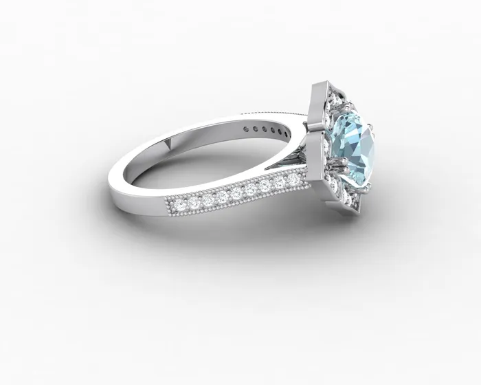 Sapheena Jewelry Luisa 15 Ct Cushion Cut Halo Natural Aquamarine Engagement Ring with Side Stones Rings