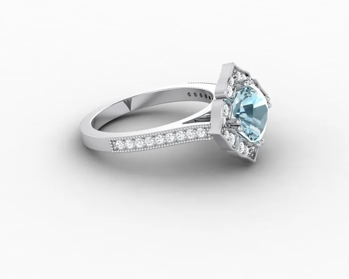 Sapheena Jewelry Luisa 15 Ct Cushion Cut Halo Natural Aquamarine Engagement Ring with Side Stones Rings