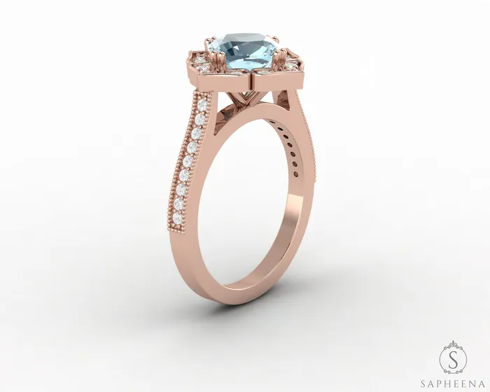 Sapheena Jewelry Luisa 15 Ct Cushion Cut Halo Natural Aquamarine Engagement Ring with Side Stones Rings