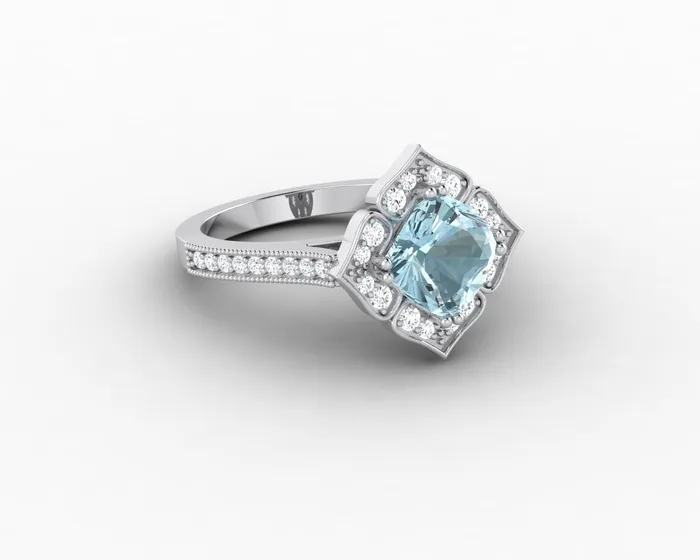 Sapheena Jewelry Luisa 15 Ct Cushion Cut Halo Natural Aquamarine Engagement Ring with Side Stones Rings