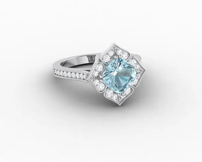 Sapheena Jewelry Luisa 15 Ct Cushion Cut Halo Natural Aquamarine Engagement Ring with Side Stones Rings