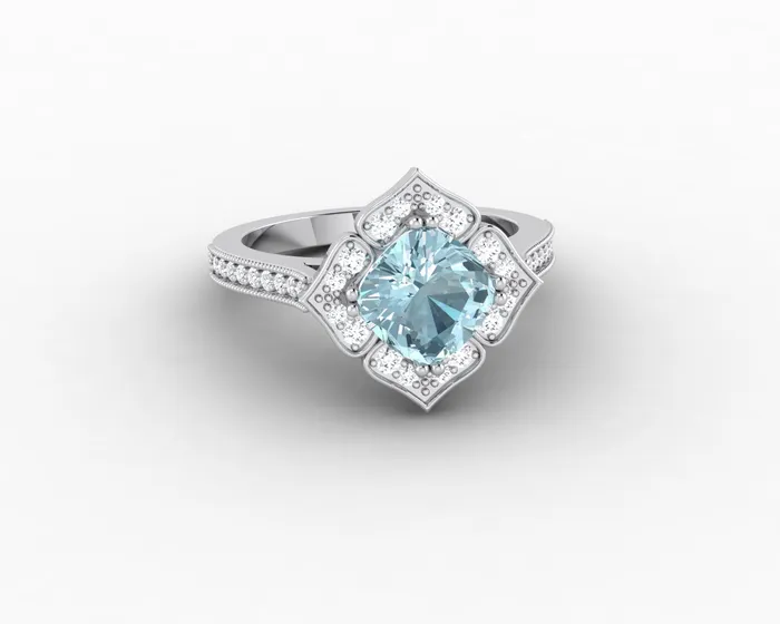 Sapheena Jewelry Luisa 15 Ct Cushion Cut Halo Natural Aquamarine Engagement Ring with Side Stones Rings