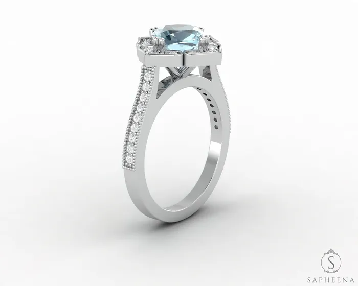 Sapheena Jewelry Luisa 15 Ct Cushion Cut Halo Natural Aquamarine Engagement Ring with Side Stones Rings