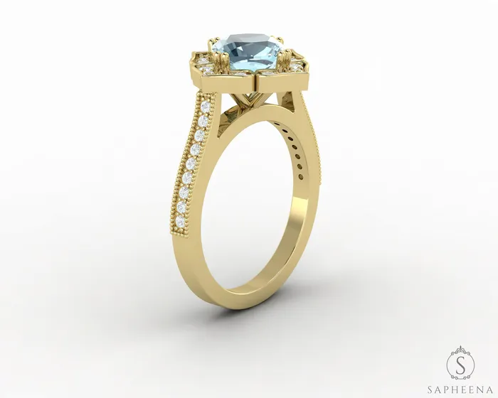 Sapheena Jewelry Luisa 15 Ct Cushion Cut Halo Natural Aquamarine Engagement Ring with Side Stones Rings