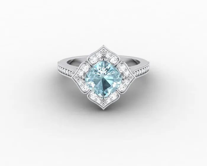 Sapheena Jewelry Luisa 15 Ct Cushion Cut Halo Natural Aquamarine Engagement Ring with Side Stones Rings