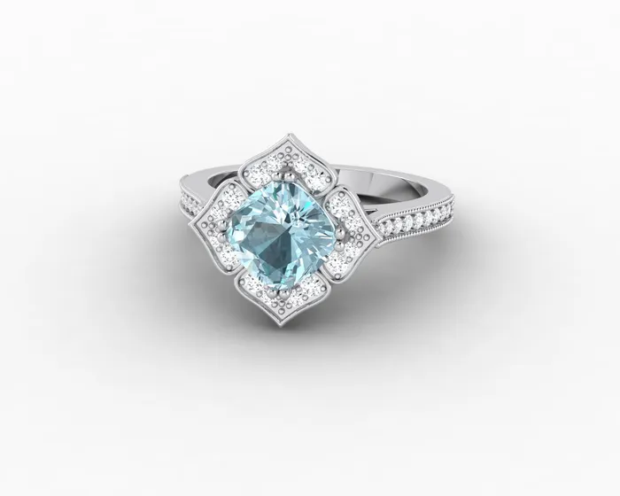 Sapheena Jewelry Luisa 15 Ct Cushion Cut Halo Natural Aquamarine Engagement Ring with Side Stones Rings