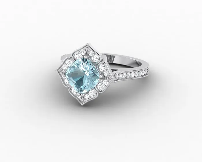 Sapheena Jewelry Luisa 15 Ct Cushion Cut Halo Natural Aquamarine Engagement Ring with Side Stones Rings