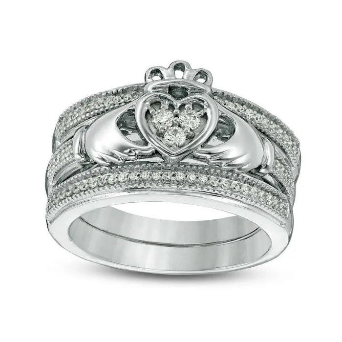 025 CT TW Natural Diamond Claddagh Antique VintageStyle Three Piece Bridal Engagement Ring Set in Sterling Silver Goldia Rings 025 CT TW Natural Diamond Claddagh Antique VintageStyle Three Piece Bridal Engagement Ring Set in Sterling Silver Goldia Rings