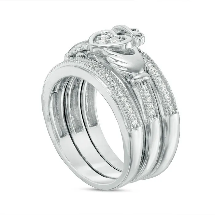 025 CT TW Natural Diamond Claddagh Antique VintageStyle Three Piece Bridal Engagement Ring Set in Sterling Silver Goldia Rings 025 CT TW Natural Diamond Claddagh Antique VintageStyle Three Piece Bridal Engagement Ring Set in Sterling Silver Goldia Rings