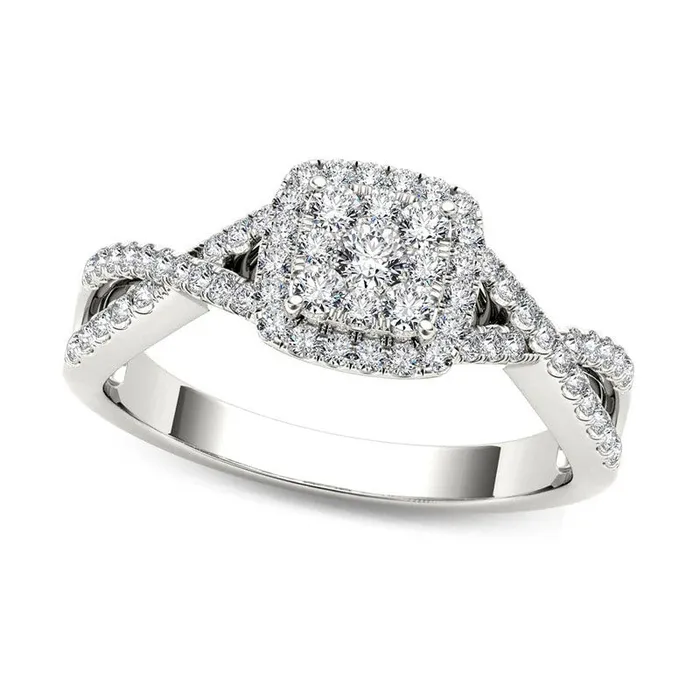 038 CT TW Composite Natural Diamond Square Frame Crossover Engagement Ring in Solid 14K White Gold Goldia Rings