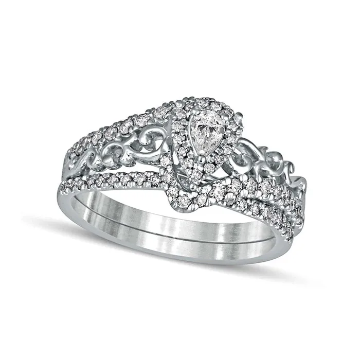 063 CT TW PearShaped Natural Diamond Frame Filigree Bypass Bridal Engagement Ring Set in Solid 10K White Gold Goldia Rings 063 CT TW PearShaped Natural Diamond Frame Filigree Bypass Bridal Engagement Ring Set in Solid 10K White Gold Goldia Rings