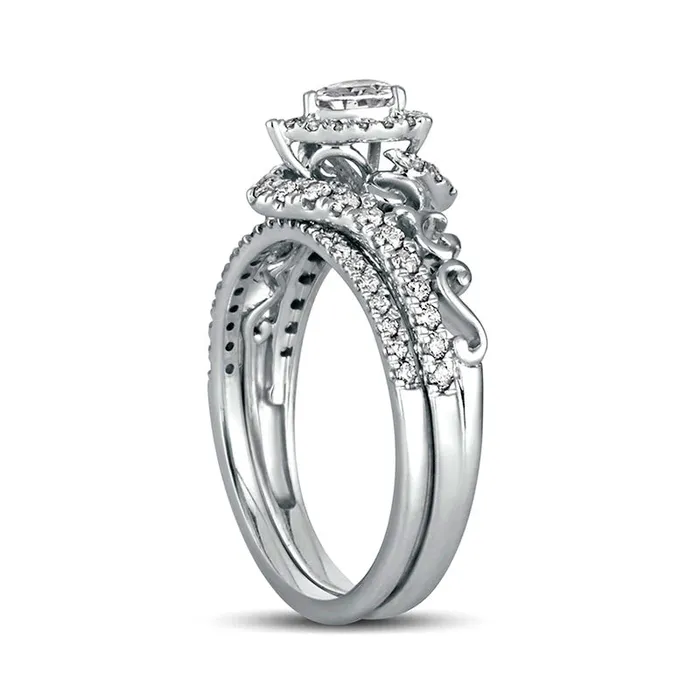 063 CT TW PearShaped Natural Diamond Frame Filigree Bypass Bridal Engagement Ring Set in Solid 10K White Gold Goldia Rings 063 CT TW PearShaped Natural Diamond Frame Filigree Bypass Bridal Engagement Ring Set in Solid 10K White Gold Goldia Rings
