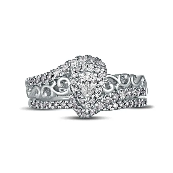 063 CT TW PearShaped Natural Diamond Frame Filigree Bypass Bridal Engagement Ring Set in Solid 10K White Gold Goldia Rings 063 CT TW PearShaped Natural Diamond Frame Filigree Bypass Bridal Engagement Ring Set in Solid 10K White Gold Goldia Rings