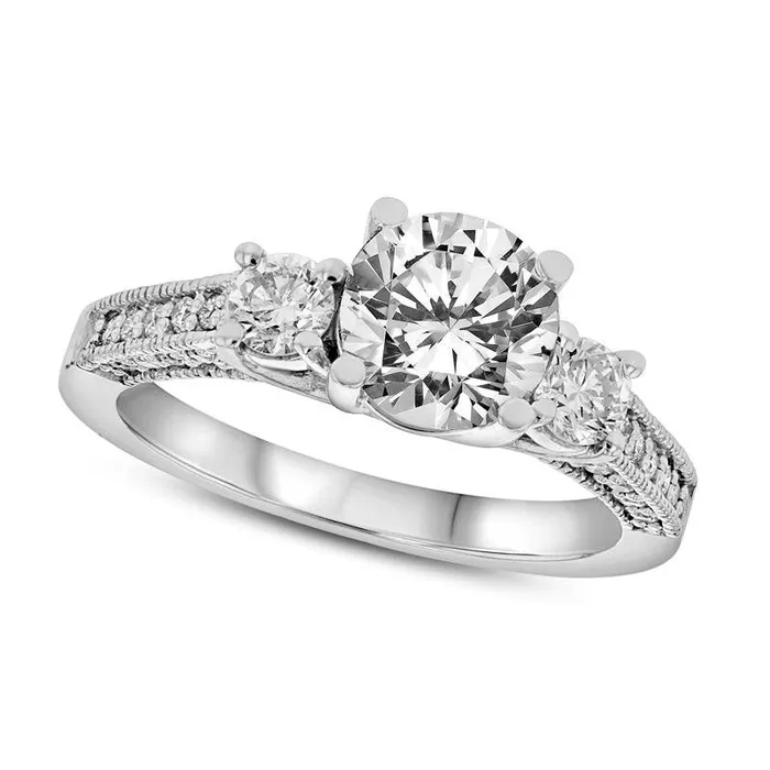 15 CT TW Natural Diamond Three Stone Antique VintageStyle Engagement Ring in Solid 14K White Gold ISI2 Goldia Rings 15 CT TW Natural Diamond Three Stone Antique VintageStyle Engagement Ring in Solid 14K White Gold ISI2 Goldia Rings