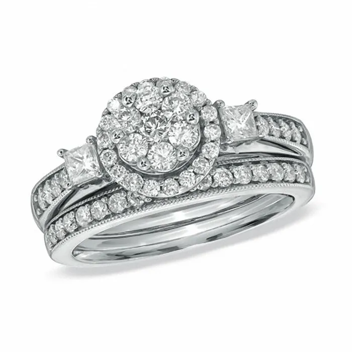 1 CT Round PrincessCut Diamond Flower Bridal Engagement Ring Set 14K White Gold Goldiacom Rings 1 CT Round PrincessCut Diamond Flower Bridal Engagement Ring Set 14K White Gold Goldiacom Rings