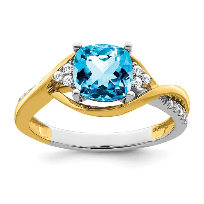14k TwoTone Gold Cushion Blue Topaz and Real Diamond Ring Goldia Rings