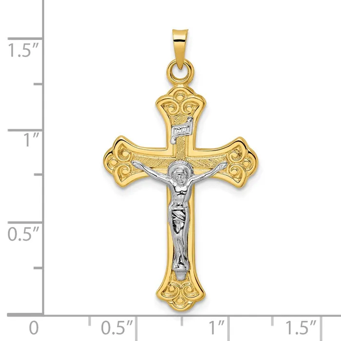 14k Twotone Gold Polished Solid INRI Fleur de Lis Crucifix Pendant Goldia Rings