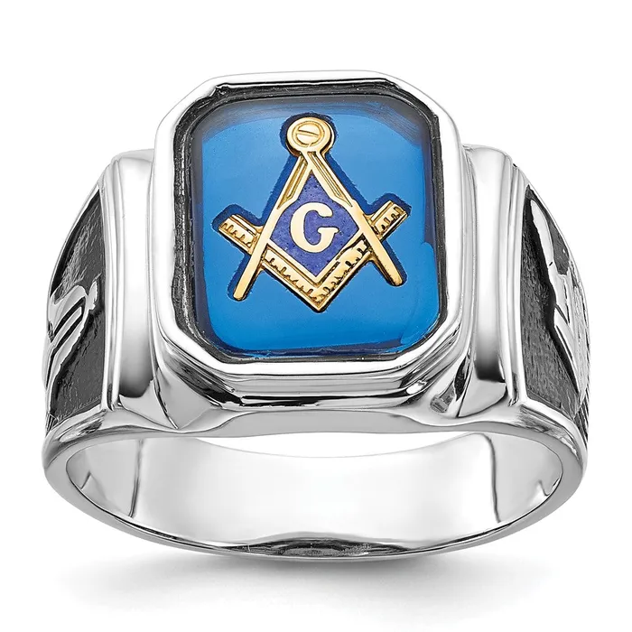 14k White Gold Polished and Textured with Black Enamel and Imitation Blue Spinel Masonic Ring Goldia Rings 14k White Gold Polished and Textured with Black Enamel and Imitation Blue Spinel Masonic Ring Goldia Rings