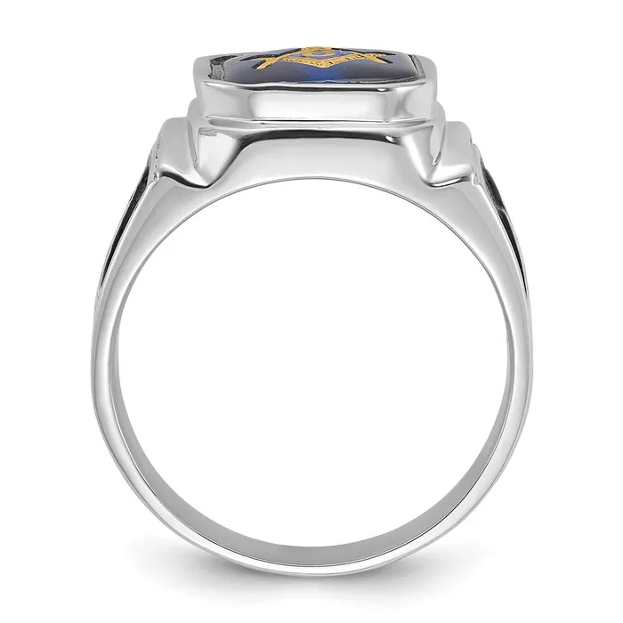 14k White Gold Polished and Textured with Black Enamel and Imitation Blue Spinel Masonic Ring Goldia Rings