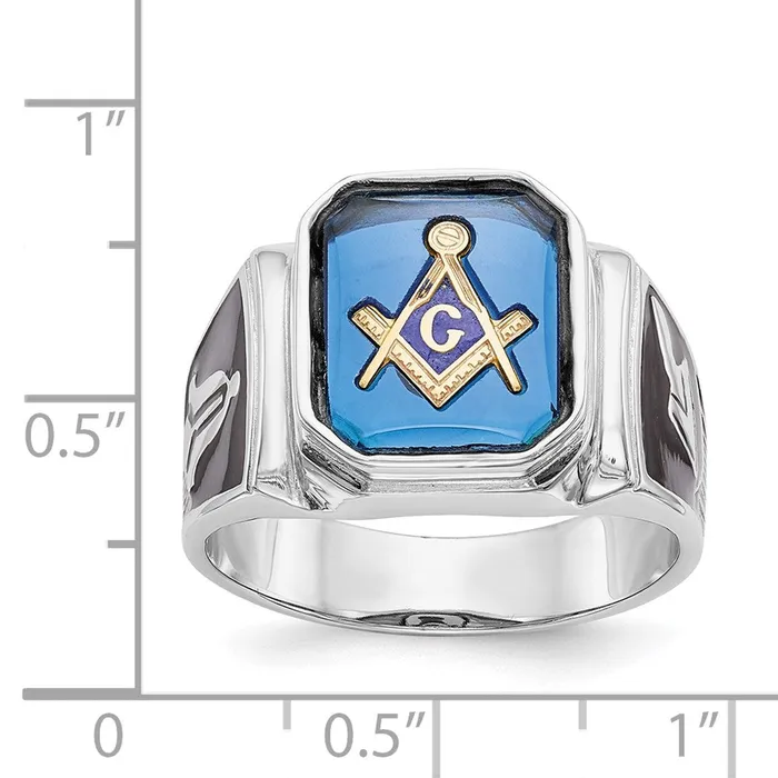 14k White Gold Polished and Textured with Black Enamel and Imitation Blue Spinel Masonic Ring Goldia Rings