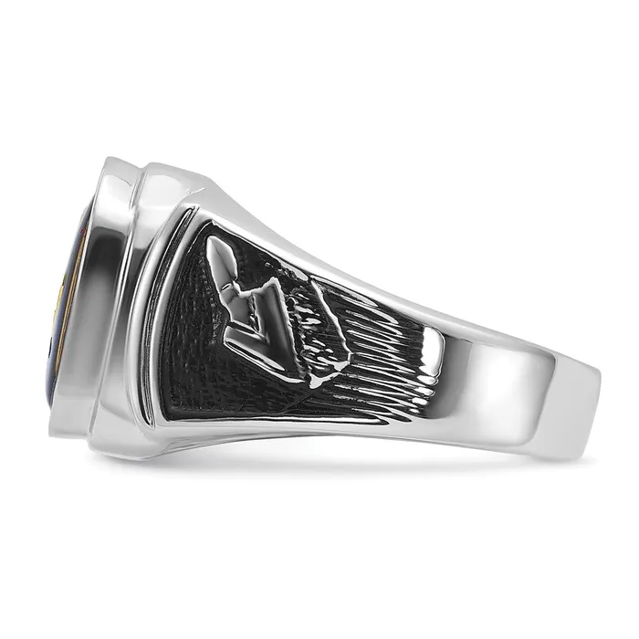 14k White Gold Polished and Textured with Black Enamel and Imitation Blue Spinel Masonic Ring Goldia Rings