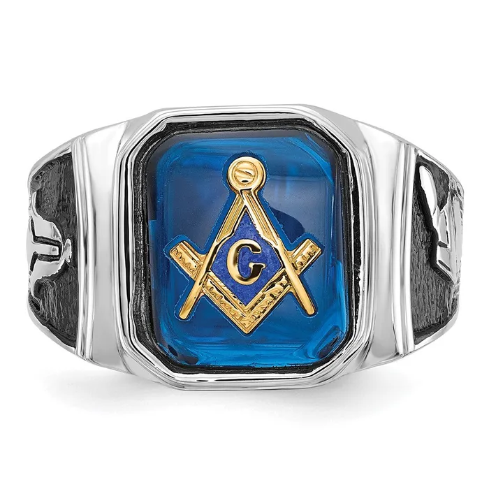 14k White Gold Polished and Textured with Black Enamel and Imitation Blue Spinel Masonic Ring Goldia Rings
