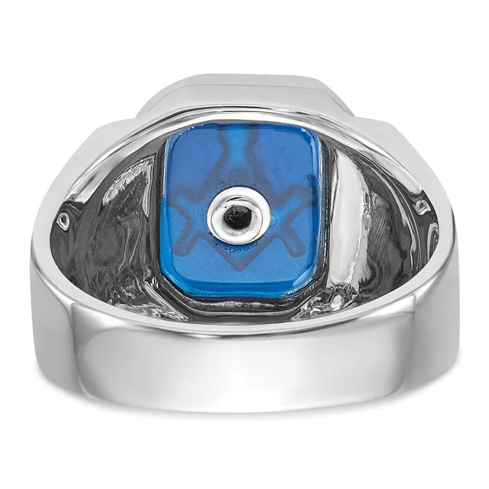 14k White Gold Polished and Textured with Black Enamel and Imitation Blue Spinel Masonic Ring Goldia Rings
